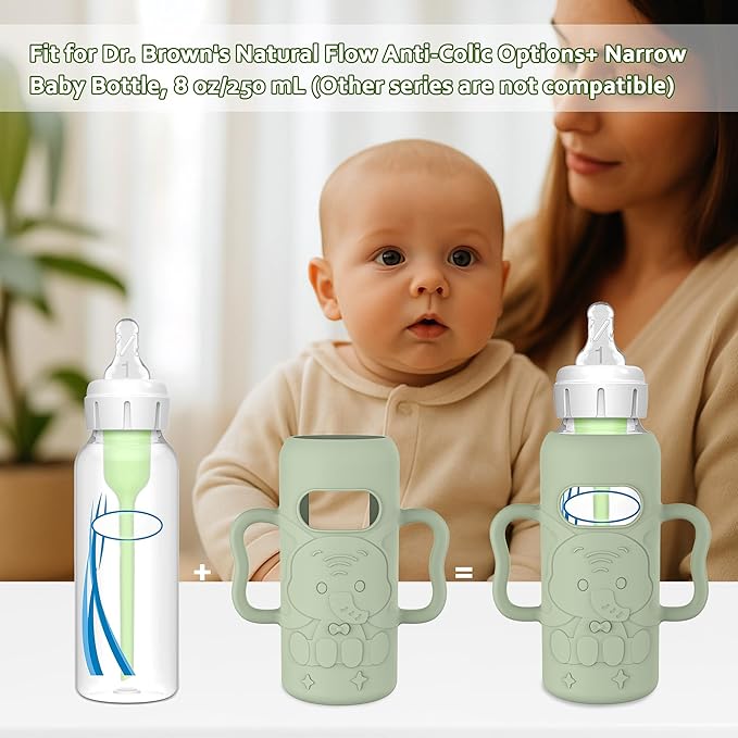 KingKam 4 Pack Silicone Sleeves for Dr. Brown's Glass Baby Bottles, Drop Protection Easy-Grip Baby Bottle Sleeves Holder with Handles, Compatible with Dr. Brown's Narrow Glass Bottles 8oz