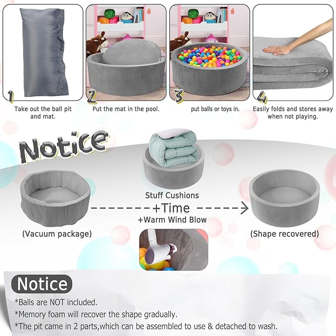 Foam Baby Ball Pit, 35.4"x 11.8" Ball Pits for Toddlers, Soft Round Kiddie Playpen Ball Pool for Kids with Soft Memory Sponge, Ideal Gift for Babies Indoor and Outdoor Game,Grey(Balls not Included)