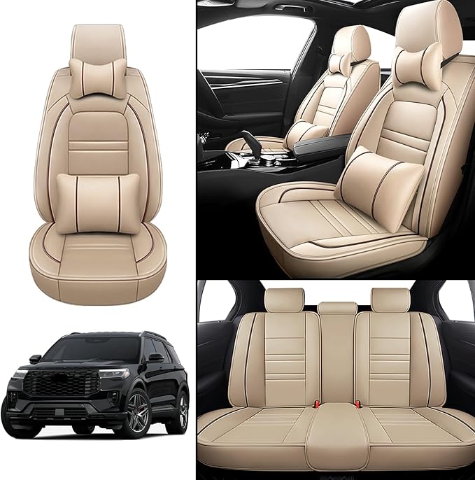 Car Seat Covers for Ford Explorer 2011-2025 | 5-Seats Seat Covers, Waterproof Seat Protectors, Automotive Seat Covers (Full Set with Pillow,Beige)