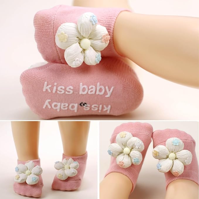 4Packs Baby Girls Socks, Flower Non-Slip Grips - Image 4