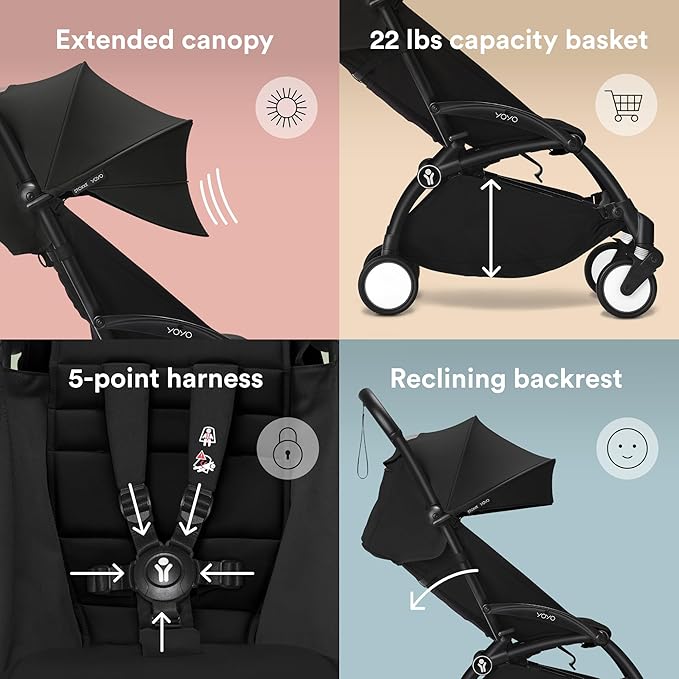 Stokke YOYO3 Stroller from 6 Months - Includes Black Frame, Seat Cushion & Canopy - Folds in & Out in a Flash - Light & Compact - Carry-On Compatible