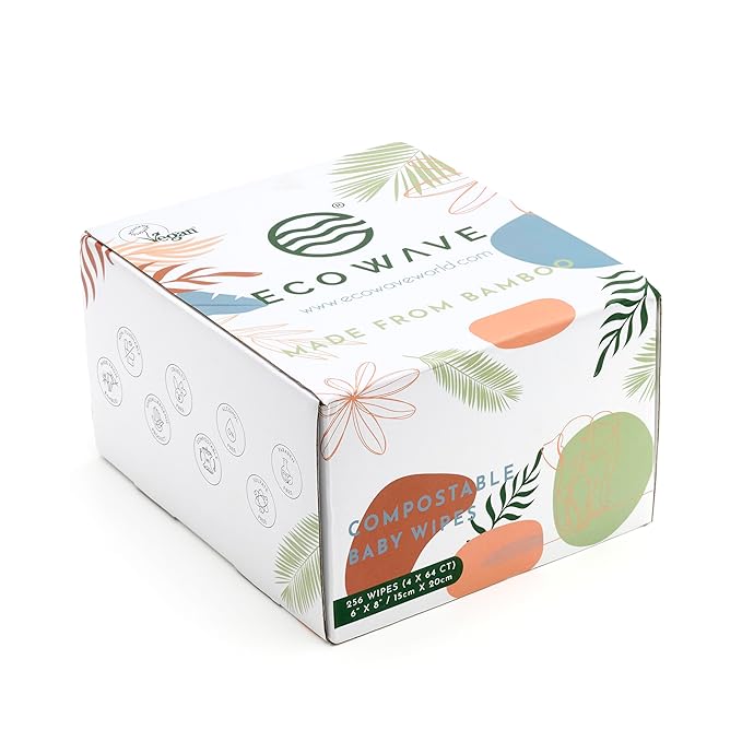 Eco Wave Baby Wipes, 100% Compostable Eco-Friendly Bamboo Wipes, Unscented, Hypoallergenic, Vegan, Alcohol-Free, Suitable For Sensitive Skin (Pack of 4)
