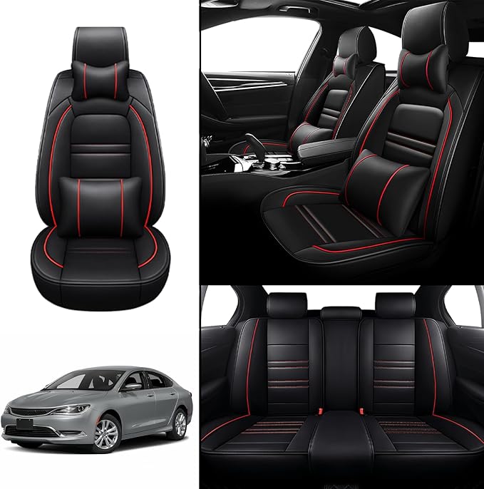 Car Seat Covers for Chrysler Car 200 2011-2017 | 5-Seats Seat Covers, Waterproof Seat Protectors, Automotive Seat Covers (Full Set with Pillow,Black&Red Line)