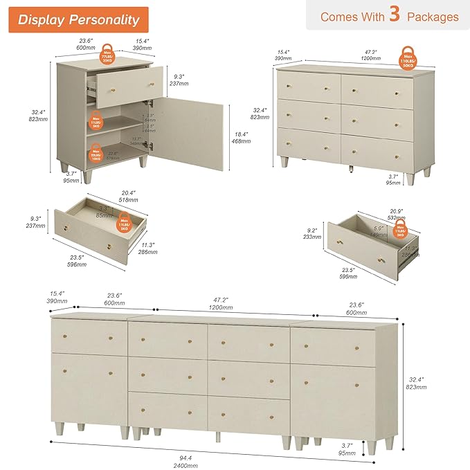 WAMPAT Dresser with 2 Doors & 8 Drawers for Bedroom, 2-in-1 Wood Chest of Drawers, 94.4" Wide Modern Closet Storage Organizer with Adjustable Shelves for Kids Room, Beige Linen Printed Finish
