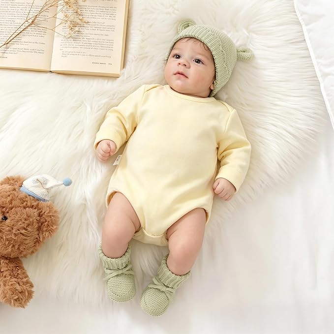 Hadetoto 100% Organic Cotton Baby Beanie and Booties Set | Newborn, Knit Sock - Image 3