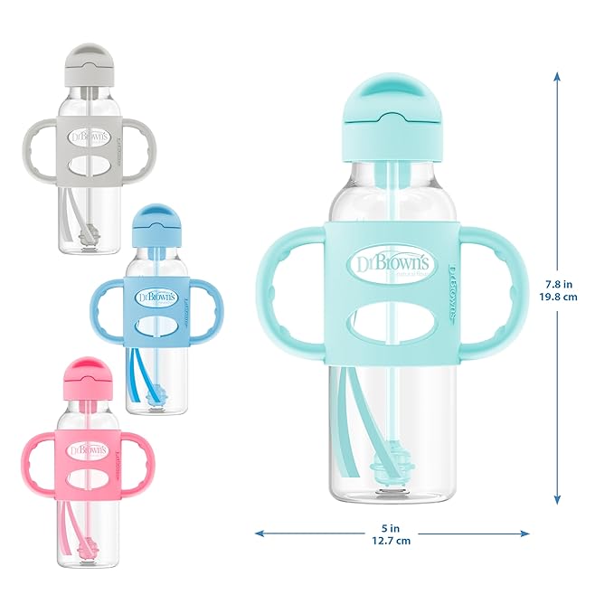 Dr. Brown's Milestones Narrow Sippy Straw Bottle, Spill-Proof with 100% Silicone Handles and Weighted Straw, 8 oz/250 mL, Blue, 6m+