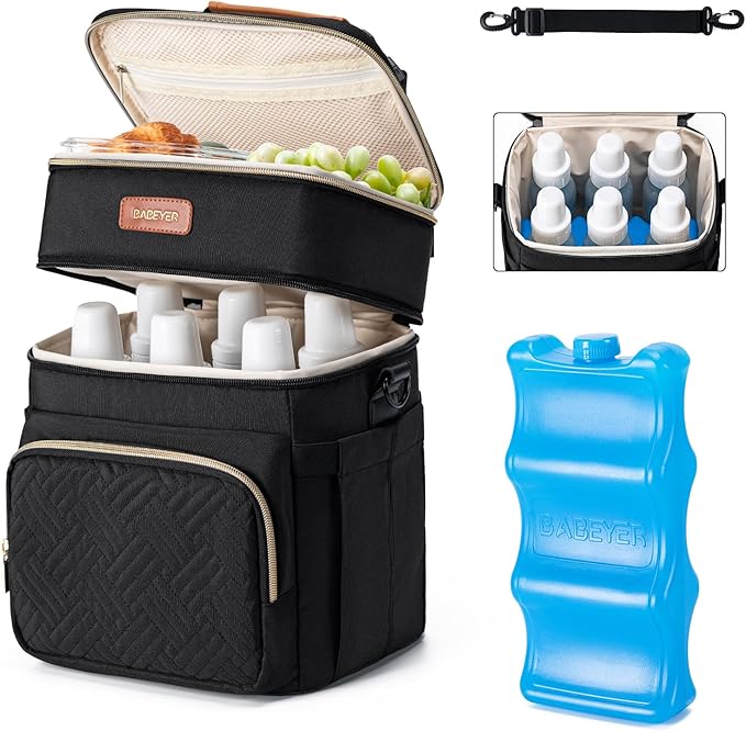 Insulated Breastmilk Cooler Bag with Ice Pack - Holds 6x9oz Bottles, Leakproof Double Layer, Bottle Cooler Bag with Adjustable Strap for Nursing Moms, Daycare & Travel
