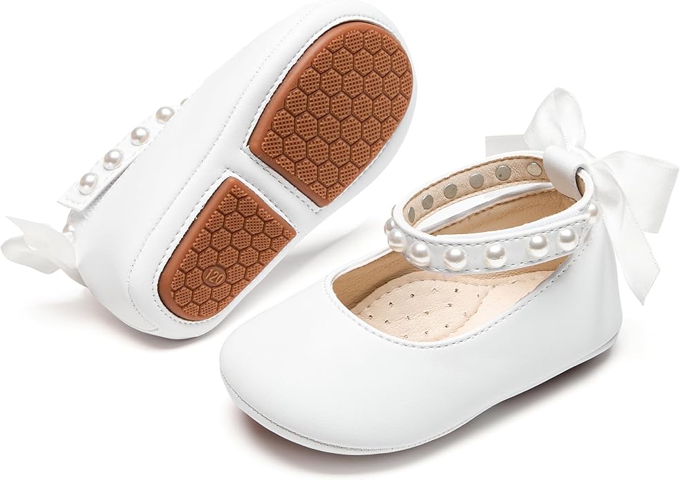 Baby Girls Mary Jane Flats - Infant Newborn Walking Shoes Soft Rubber Sole Princess Wedding