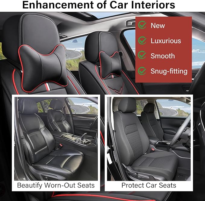 Leather Car Seat Covers Fit for LR Range Rover 2022-2025, 5 Seater Waterproof and Wear-Resistant Seat Cover Interior Accessories(Full Set with Pillow,Black&Red)