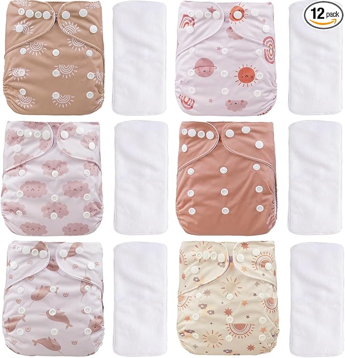 12 Set Reusable Adjustable Cloth Diapers for Newborn to 0-3 Years,One Size Washable Pocket Nappy Covers for Baby Girl and Boy,6 Pack Cloth Diapers+6pcs Microfiber Inserts(Pink)