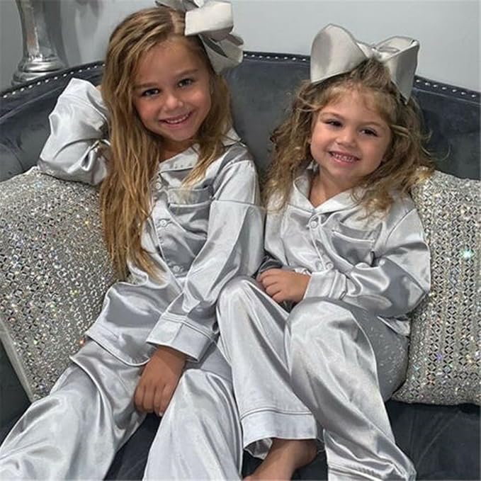 Kids Baby Girl Boy Satin Pajamas Set Button Down Sleep Shirt Top+Long Pants - Image 3