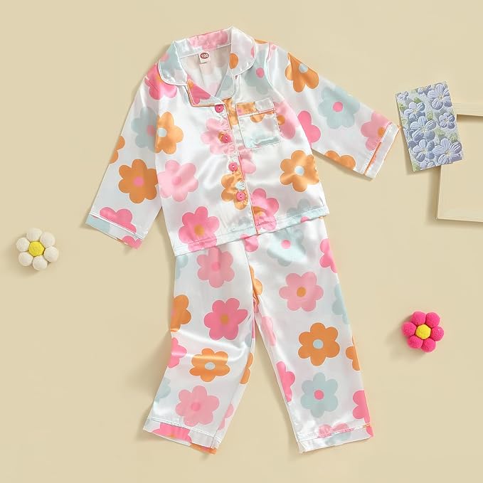 Kids Baby Girl Boy Satin Pajamas Set Button Down Sleep Shirt Top+Long Pants - Image 2