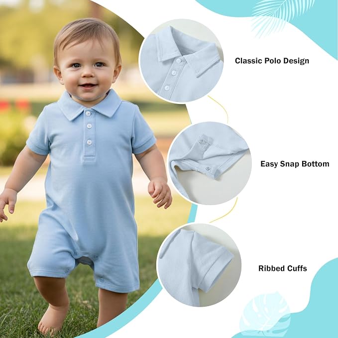 DEFAHN Baby Boy Polo Romper Short Sleeve Collared One-Piece Outfit 0-24M - Image 2