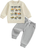 Nyapruwe Toddler Baby Boy Fall Outfit Funny Print Long Sleeve Sweatshirt Joggers Pants Set Kids Warm Winter Clothes