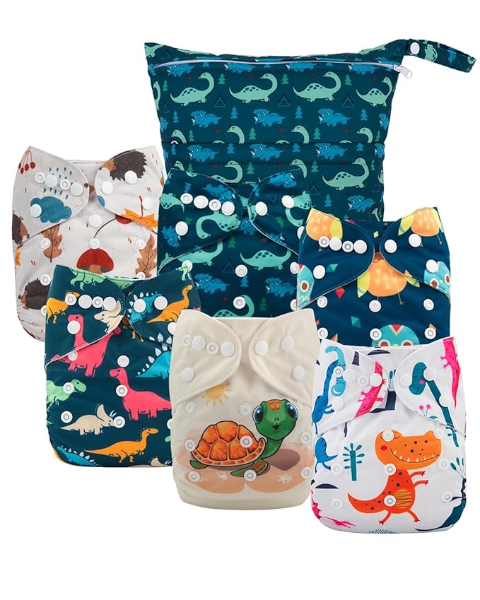 babygoal Cloth Diaper Covers 6 Pack with Wet Bag for Fitted Diapers and Prefolds with Double Gussets, Adjustable and Reusable for Baby Boys 6DCF14-B