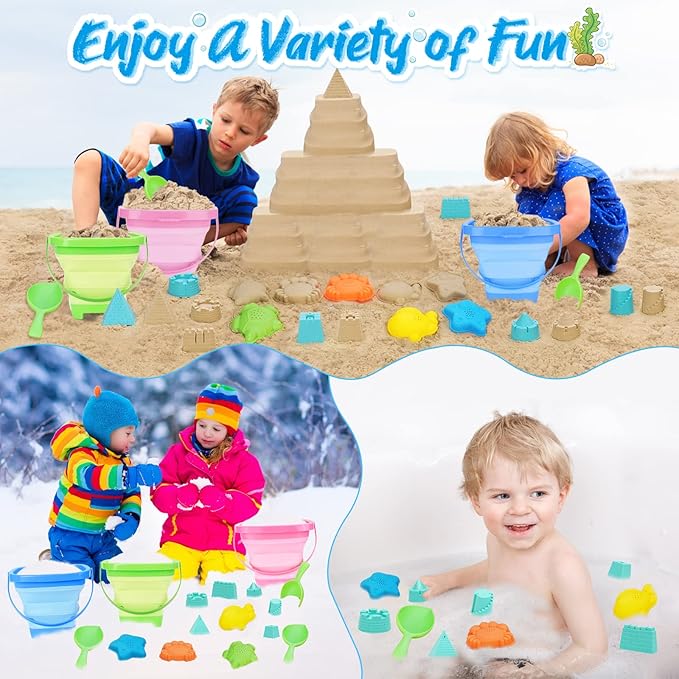 Collapsible Beach Toys for Kids, 3 Pack Foldable Sand Buckets and Shovels Set with Mesh Bag, Silicone Pails for Beach Travel Essentials, Easter Egg Hunt, Sand Toys Molds for Kids and Toddlers