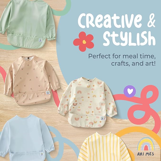 ARI MES Long Sleeves Waterproof Baby Bibs for Eating - Cherries, Large- Wearable, Coverall for Toddler, Long Sleeve Bib, Smock Apron for Feeding - Applicable for 6-72 Months