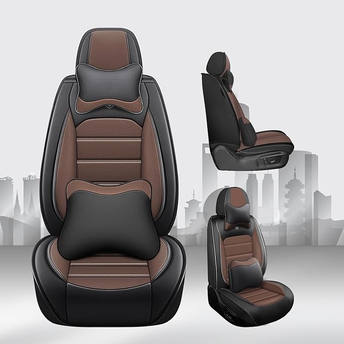 JOJ Car Seat Cover Fit for Toyota Highlander 2001-2025,7 Seat Car Seat Cover,No-Slip Waterproof Breathable Faux Leather,Full Set with Pillow Steering Wheel Covers,Black Coffee