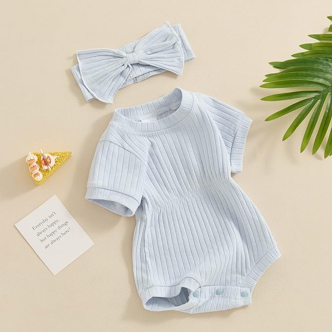 FOCUSNORM Baby Girl Summer Clothes Ribbed Short Sleeve Romper Solid Color - Image 3