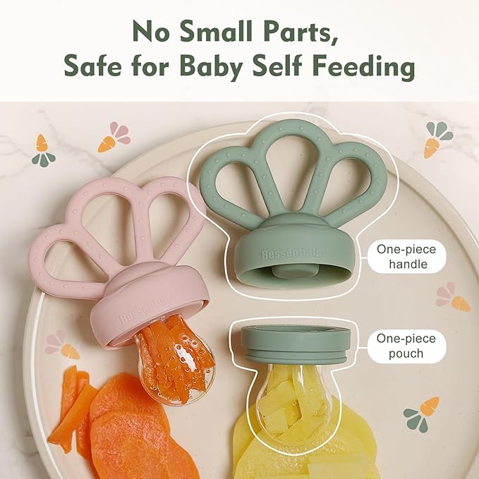 Bessentials Carrot Baby Fresh Fruit Food Feeder & 2 Pack Silicone Mesh Feeders | Safe Infant Self-Feeding|Includes 3 Sizes of Food Pouches |Suitable for Baby 4M+|BPA-Free (Pink & Grass Green)
