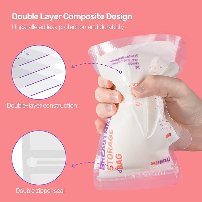 Nuliie 50 Pcs Breastmilk Storage Bags, 8 OZ Breast Milk Storing Bags, BPA-Free, Milk Storage Bags with Pour Spout for Breastfeeding, Self-Standing Bag, Space Saving Flat Profile