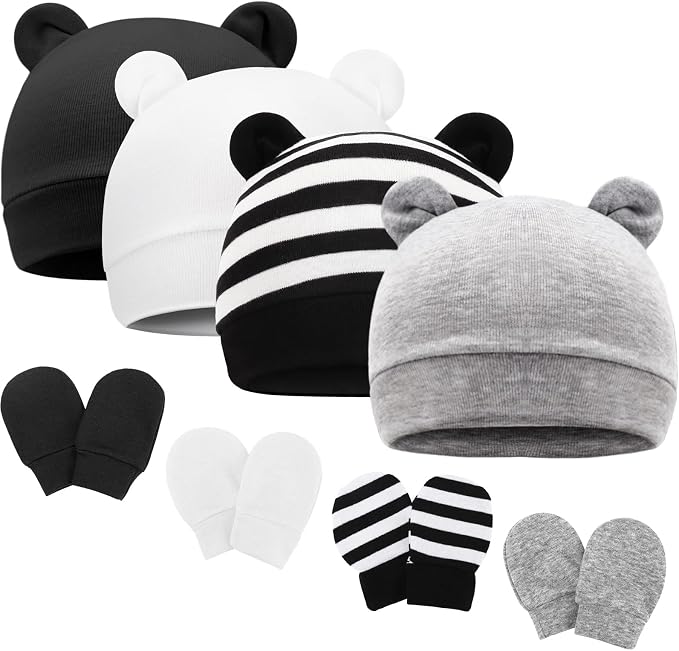 Newborn Baby Hat and Mittens Set Bear Ears Toddler Infant Beanie Caps Newborn by AQOKKA