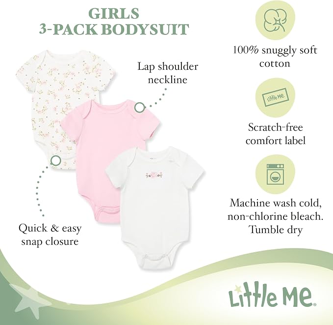 Little Me Clothes for Baby Girls' 3-Pack 100% Cotton Bodysuits - Image 3
