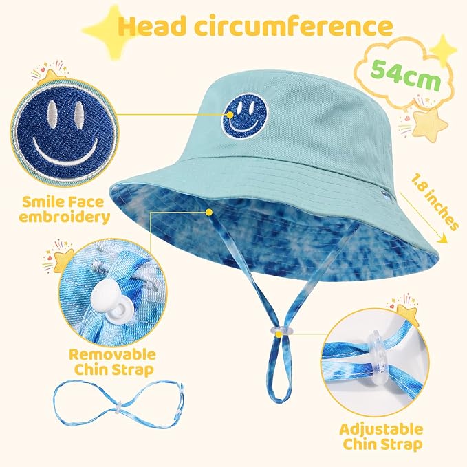 Toddler Hat Reversible Bucket Hat Happy Face Sun Hat Adjustable Chin Strap - Image 4