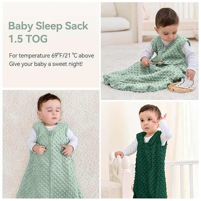 Fleece Baby Sleep Sack 12-18 Months with Plush Dots 1.5 Tog Baby Wearable Blanket with 2-Way Zipper Warm Sleeping Sack for Toddler Infant - Large, Forest Green