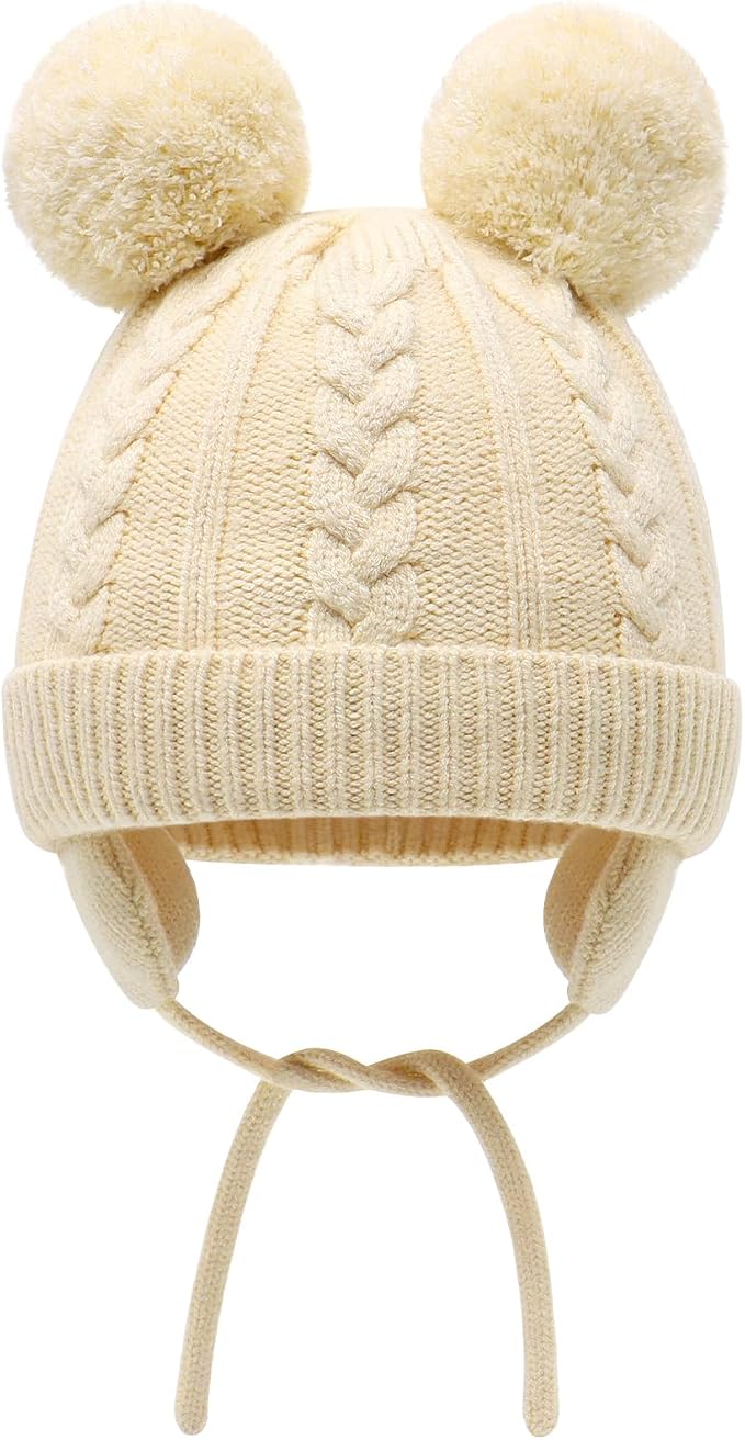 Duoyeree Toddler Winter Hat, Earflap Double Pom Pom Knit Beanie 0-36M - Image 2