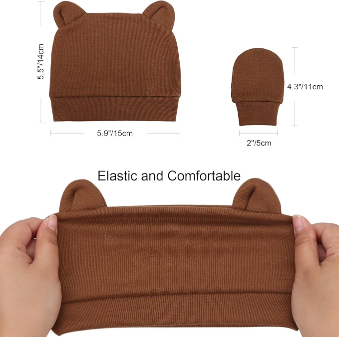 BQUBO Newborn Baby Bear Ears Hats and Mittens Sets Preemie Cotton Caps Baby Boy - Image 4