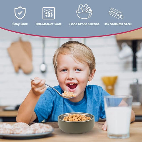 4 Pack Stainless Steel Bowls for Kids - BPA-Free 5" Baby Bowls with Removable Silicone Base - Non-Slip Toddler Bowls for Snacks & Meals (Classic Colors)