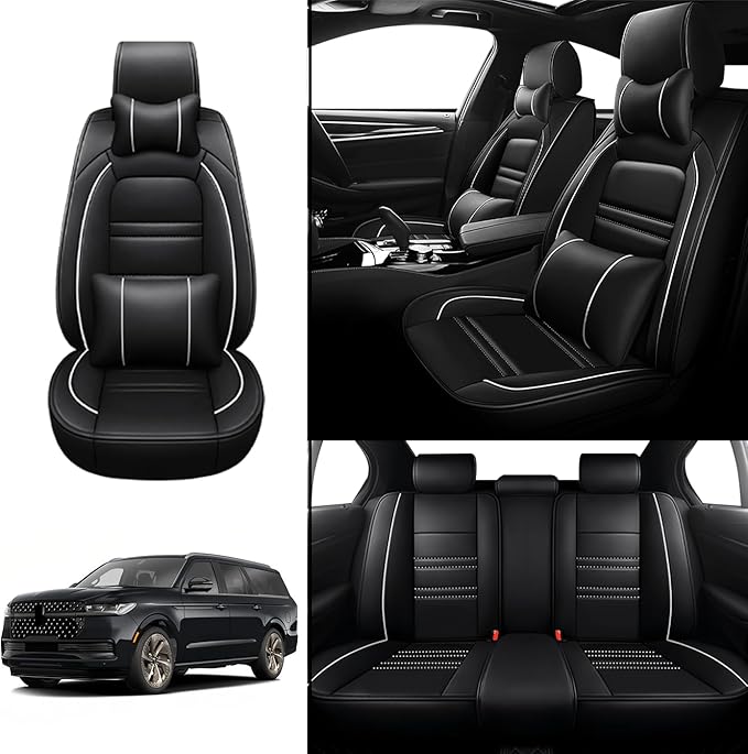 Car Seat Covers for Lincoln Navigator 1998-2025 | 5-Seats Seat Covers, Waterproof Seat Protectors, Automotive Seat Covers (Full Set with Pillow,Black&White Line)