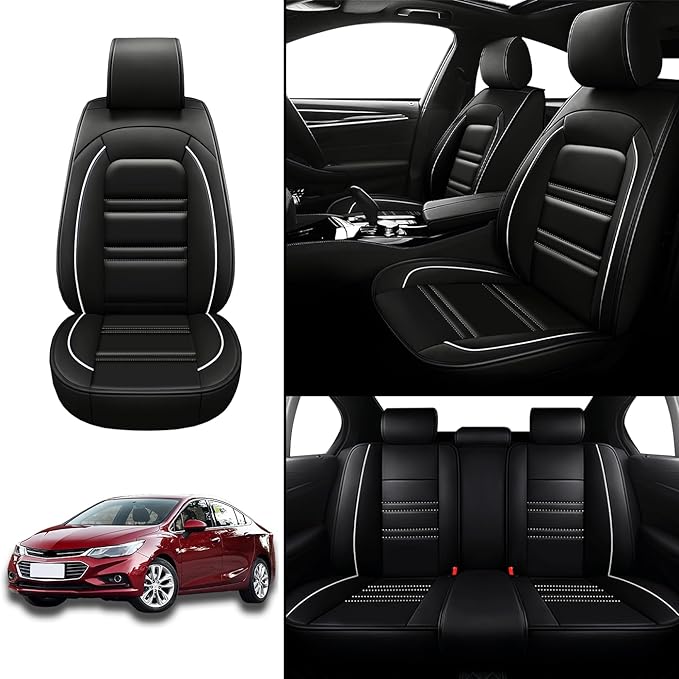 Seat Covers for Chevy Cruze 2011-2019 | 5-Seats Leather Seat Covers, Easy to Install Automotive Seat Covers Full Set (Full Set, Black&White Line)