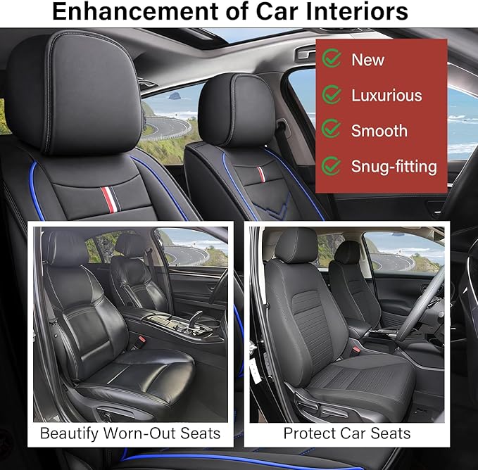 Leather Car Seat Covers Fit for LR Range Rover Evoque 2019-2025, 5 Seater Waterproof and Wear-Resistant Seat Cover Interior Accessories(Full Set,Black&Blue)