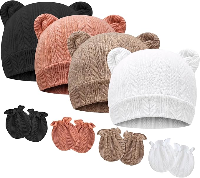 BQUBO Newborn Baby Hats Bear Ears and Mittens Sets Preemie Caps Baby Boy Girl by DRESHOW