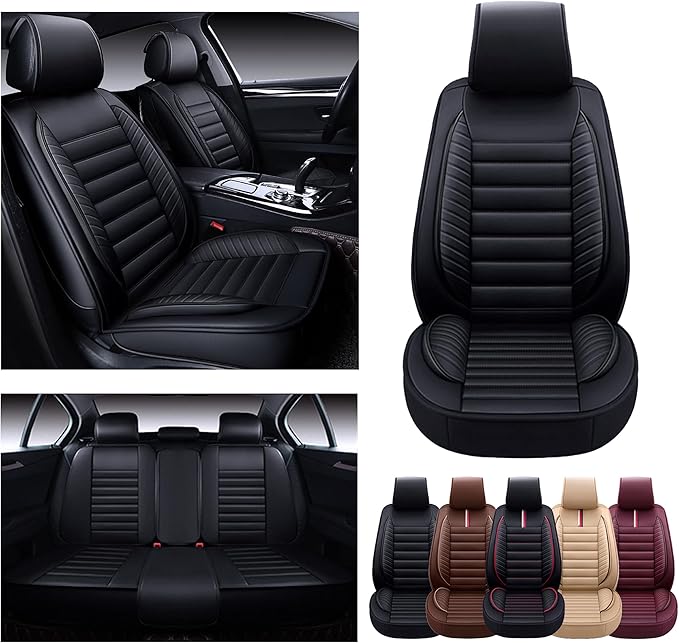 OASIS AUTO Car Seat Covers Premium Waterproof Faux Leather Cushion Universal Accessories Fit SUV Truck Sedan Automotive Vehicle Auto Interior Protector Full Set (OS-001 Black)