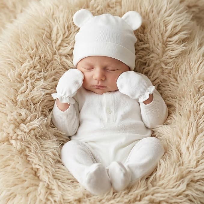 Newborn Baby Hats and Mittens Set, Cotton Infant Baby Boy Girl Bear Ears Caps - Image 6
