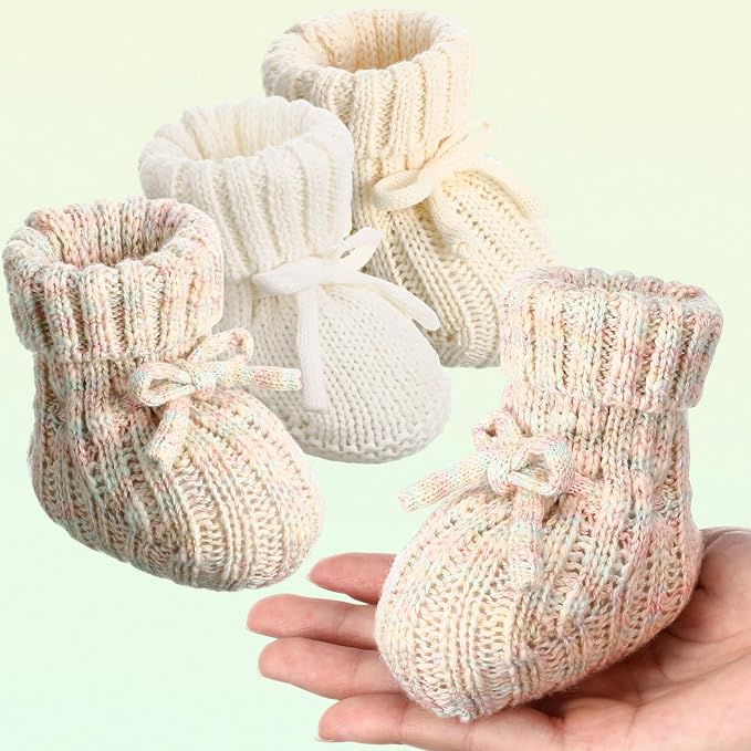 Evervibe 3 Pair Knitted Baby Booties | 100% Cotton, 0-6 Months Newborn - Image 2
