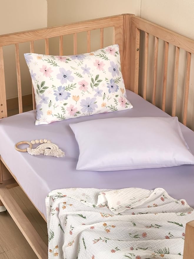 TILLYOU Toddler Pillowcases 13 x 18 Travel Pillow Case 2 Pack, Kids Pillowcases Machine Washable with Envelope Closure, Brilliant Little Flowers