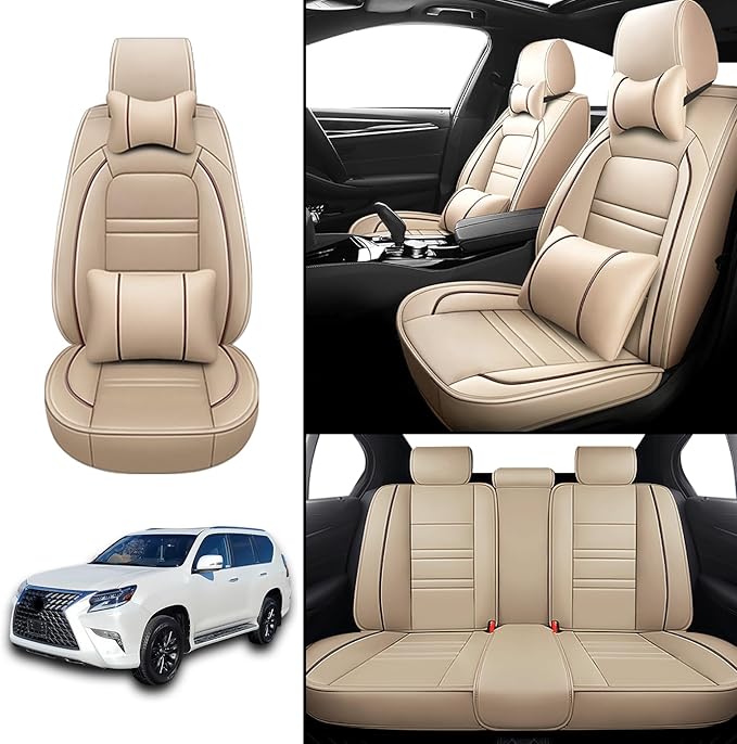 Car Seat Covers for Lexus Car gx460 2010-2023 | 5-Seats Seat Covers, Waterproof Seat Protectors, Automotive Seat Covers (Full Set with Pillow,Beige)
