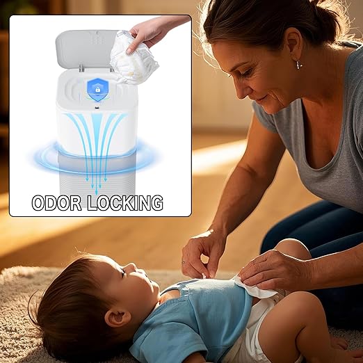 Diaper Pail Odor Locking, with Child-Safe Lock, Cost-Effective Refill System, Holds up to 20 Newborn Diapers, White