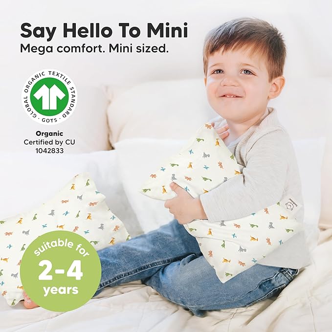 Mini Toddler Pillow with Pillowcase - 9x13 My Little Dreamy Travel Kids Pillow for Sleeping, Toddler Bed, Small, Tiny, Organic Cotton Pillowcase, Soft & Breathable, Kids 2-4 Years Old (Roarsome)