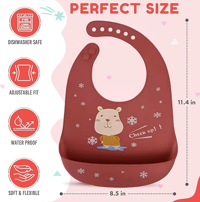 Silicone Baby Bibs Unisex, Self-Feeding, Catch-all Large Pocket, 6-48 months, BPA-Phthalate Free, w/Travel Case
