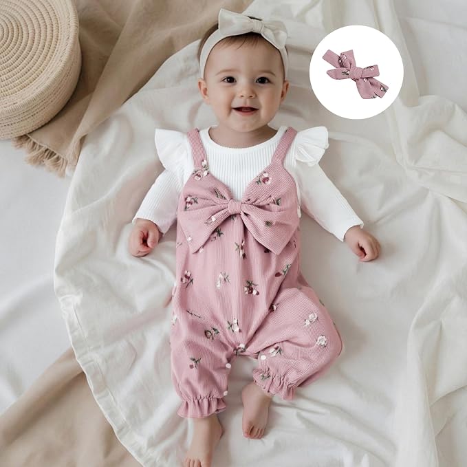 Newborn Baby Girl Clothes Ruffle Sleeve Jumpsuit Corduroy Floral - Image 3