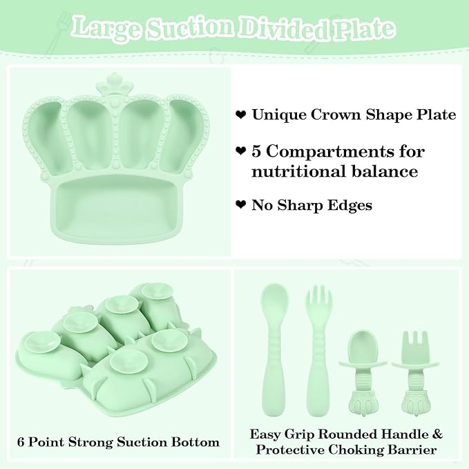 BXLL 10 Pcs Green Silicone Baby Feeding Set - Baby Led Weaning Supplies with Suction Bowl, Divided Plate, Bibs, Fruit Feeder, Pacifier, Spoons, Forks, Sippy Cup & Snack Cup