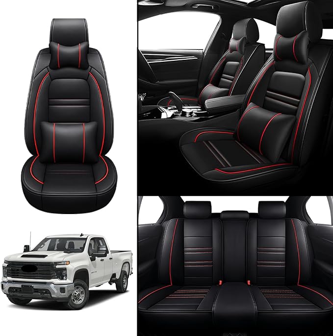 Car Seat Covers for Chevy Silverado 2500 2007-2025 | 5-Seats Seat Covers, Waterproof Seat Protectors, Automotive Seat Covers (Full Set with Pillow,Black&Red Line)