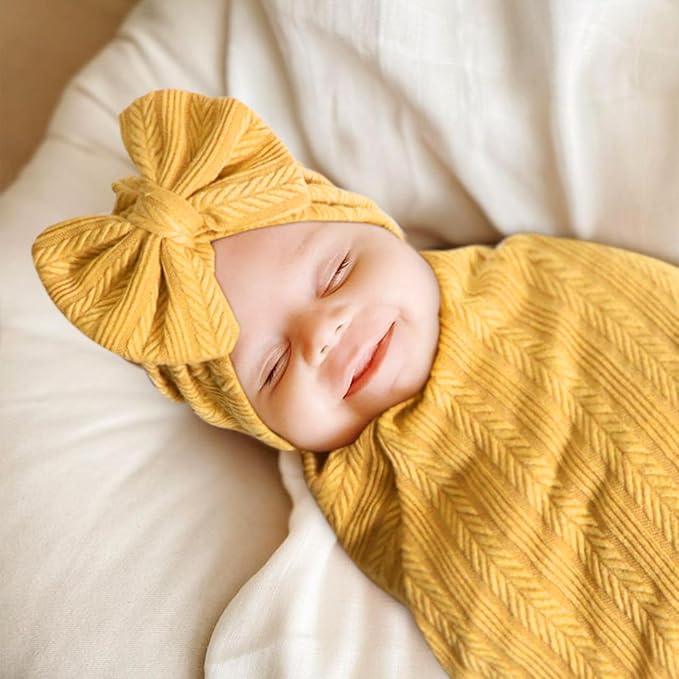 AQOKKA Newborn Receiving Blanket Wheat Ear Bow Hat Hairband Set - Image 2