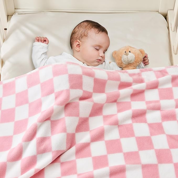 Yurhap Checkered Baby Blanket for Girls Pink Fleece Baby Blankets for Girls Boys - Image 3