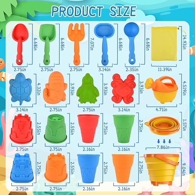 Beach Toys Set for Kids, Collapsible Sand Bucket and Shovels Set with Watering Can,Mesh Bag, Ice Cream &Animal Sand Molds,Travel Beach Toys for Toddler Boys Girls Age 3 4 5 6 7 8+